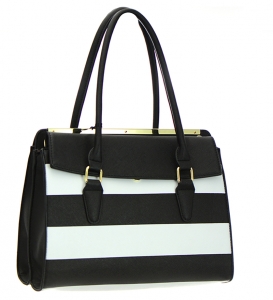 Faux Leather Striped Shoulder Hand Bag T1541 37045 Black